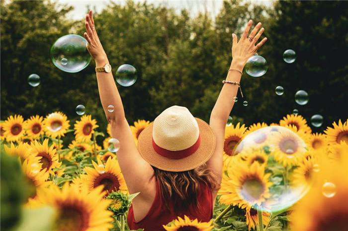 Das Mädchen, das in den Sonnenblumen steht